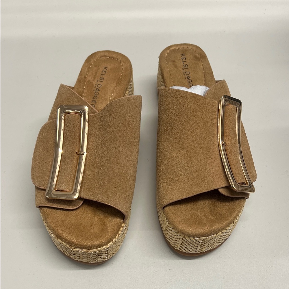 Kelsi Dagger Brown Suede Mules with Gold Buckle - Picture 3 of 3